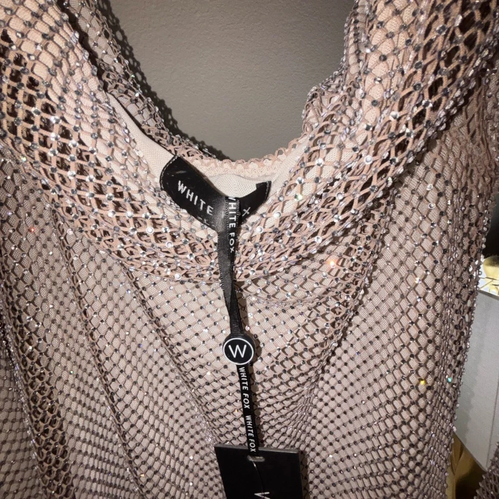 White Fox Back Track Long Sleeve Embellished Mini Dress Taupe SIZE L - Picture 6 of 8